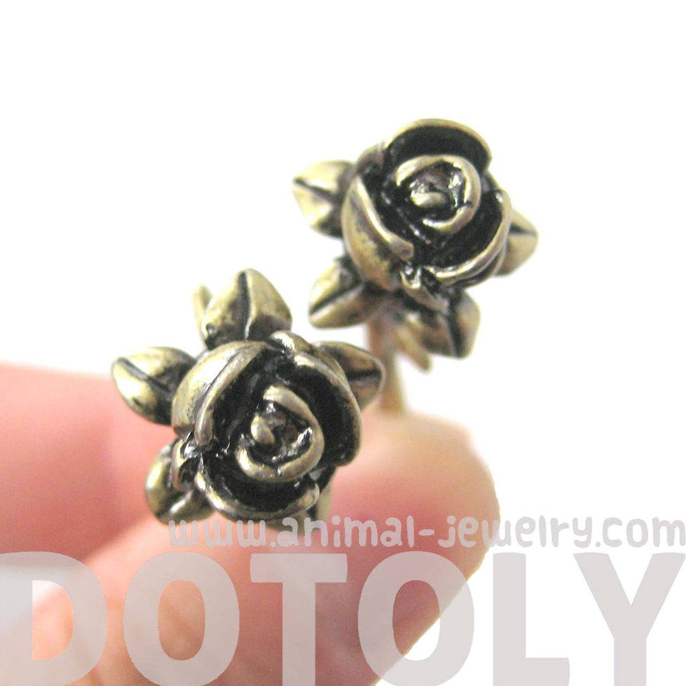 Detailed Rose Floral Flower Shaped Plug Fake Gauge Earrings in Brass