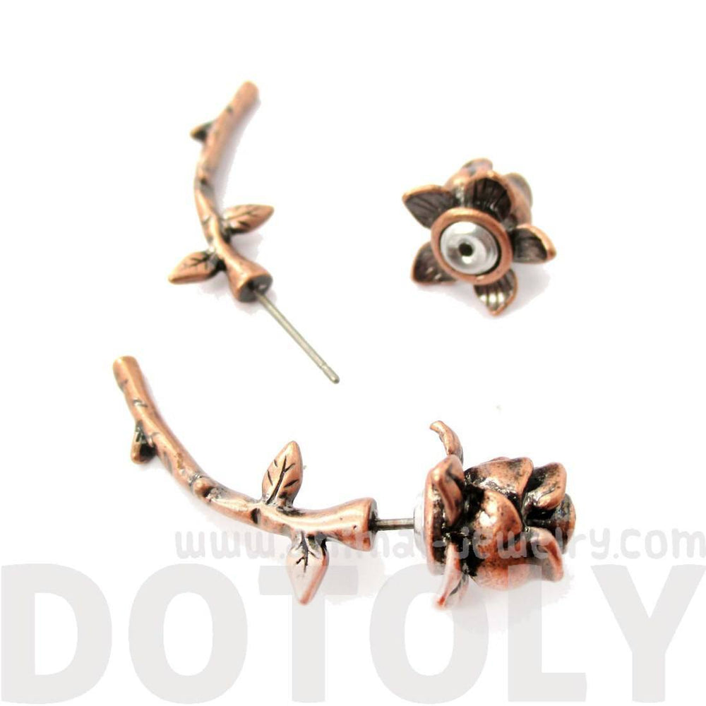 Detailed Rose Floral Flower Shaped Plug Fake Gauge Earrings in Copper