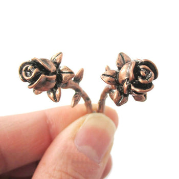 Detailed Rose Floral Flower Shaped Plug Fake Gauge Earrings in Copper