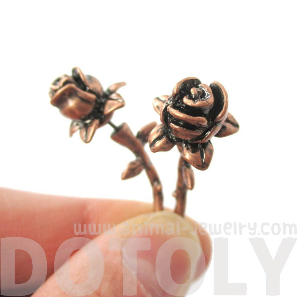 Detailed Rose Floral Flower Shaped Plug Fake Gauge Earrings in Copper