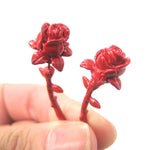 Detailed Rose Floral Flower Shaped Plug Fake Gauge Earrings in Red