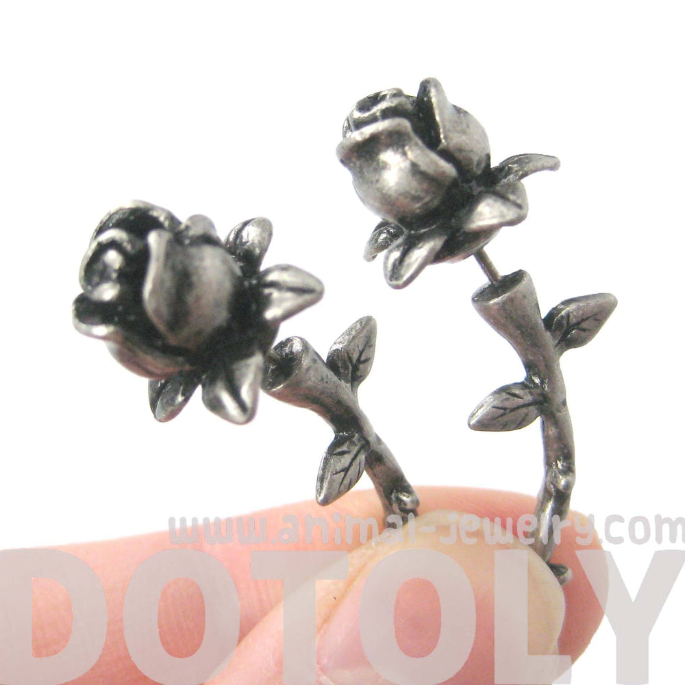 Fake Gauge Earrings: Detailed Rose Floral Flower Shaped Plug Earrings in Silver | DOTOLY