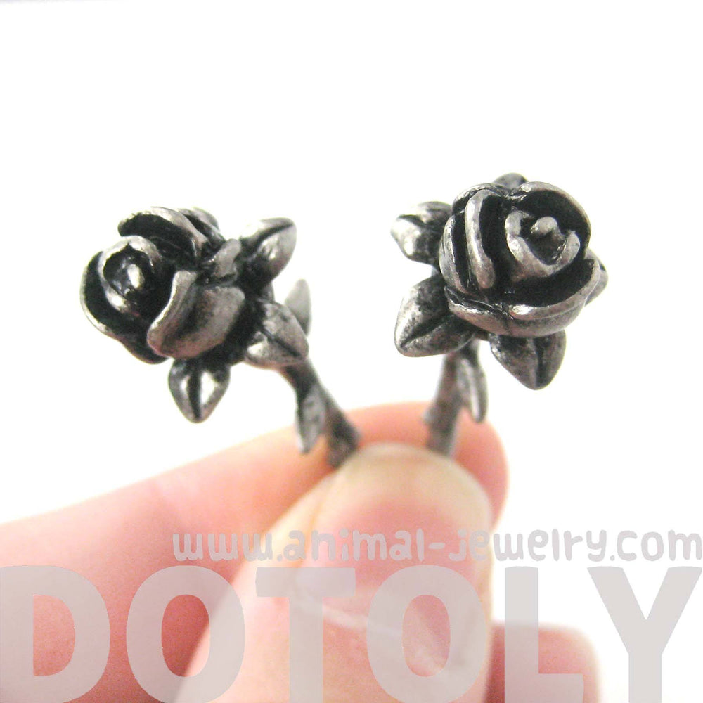Detailed Rose Floral Flower Shaped Plug Fake Gauge Earrings in Silver