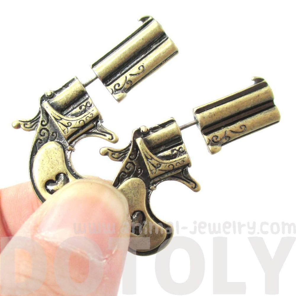 Double Pistol Gun Shaped Faux Plug Fake Gauge Stud Earrings in Brass