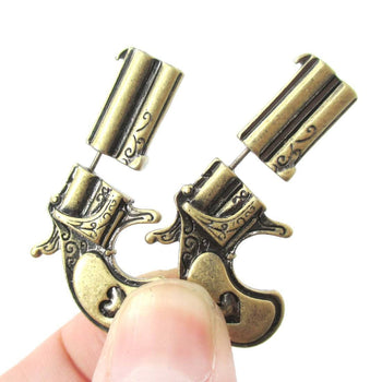 Double Pistol Gun Shaped Faux Plug Fake Gauge Stud Earrings in Brass