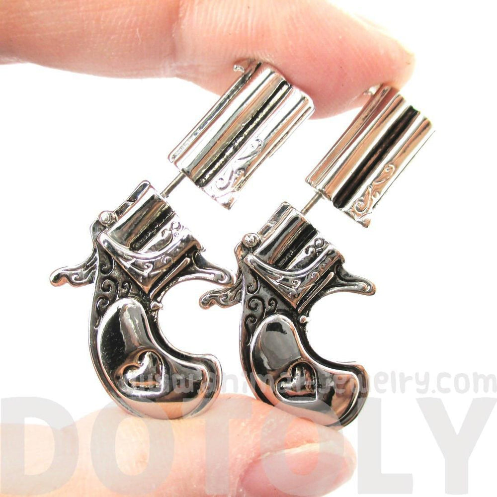 Double Pistol Gun Shaped Fake Gauge Plug Stud Earrings in Shiny Silver