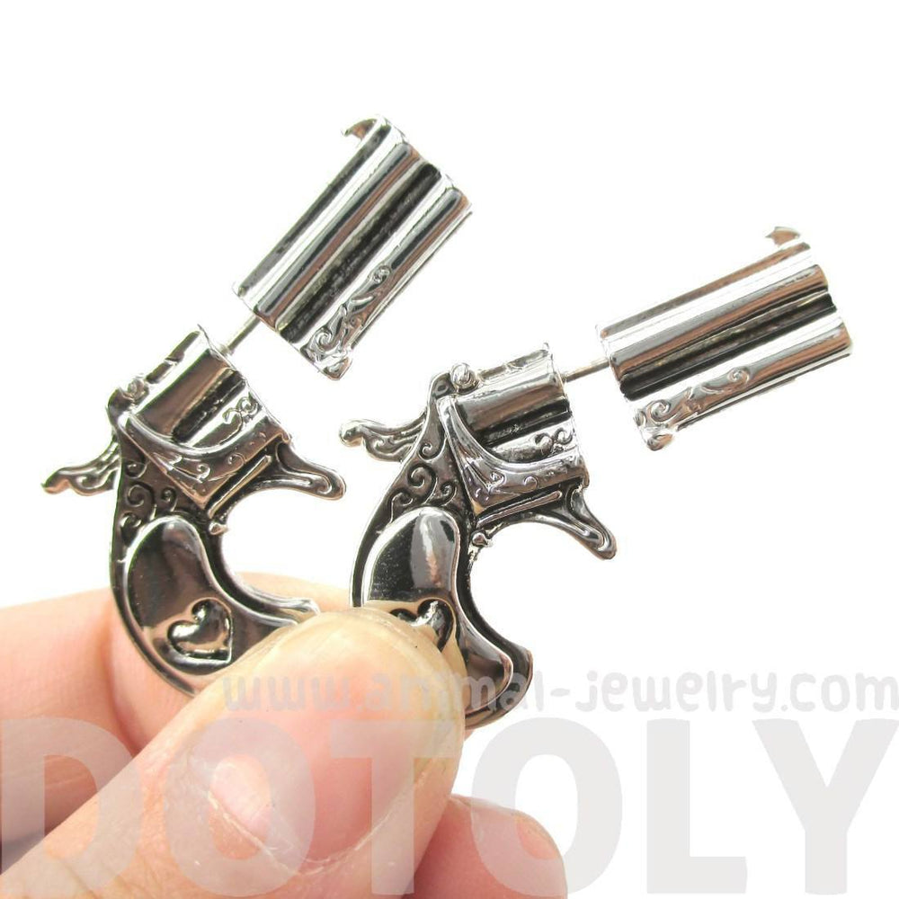 Double Pistol Gun Shaped Fake Gauge Plug Stud Earrings in Shiny Silver