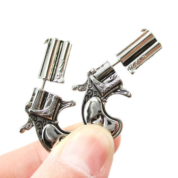 Double Pistol Gun Shaped Fake Gauge Plug Stud Earrings in Shiny Silver