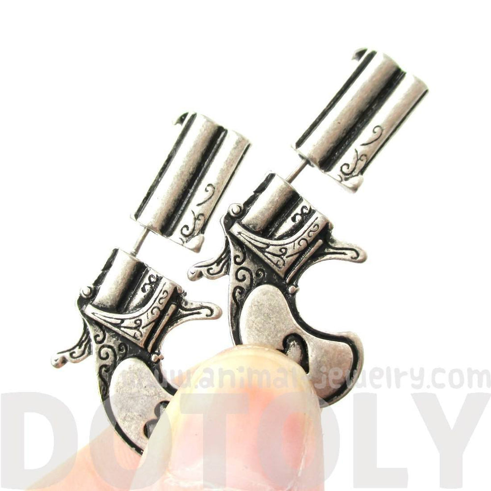 Double Pistol Gun Shaped Faux Plug Fake Gauge Stud Earrings in Silver