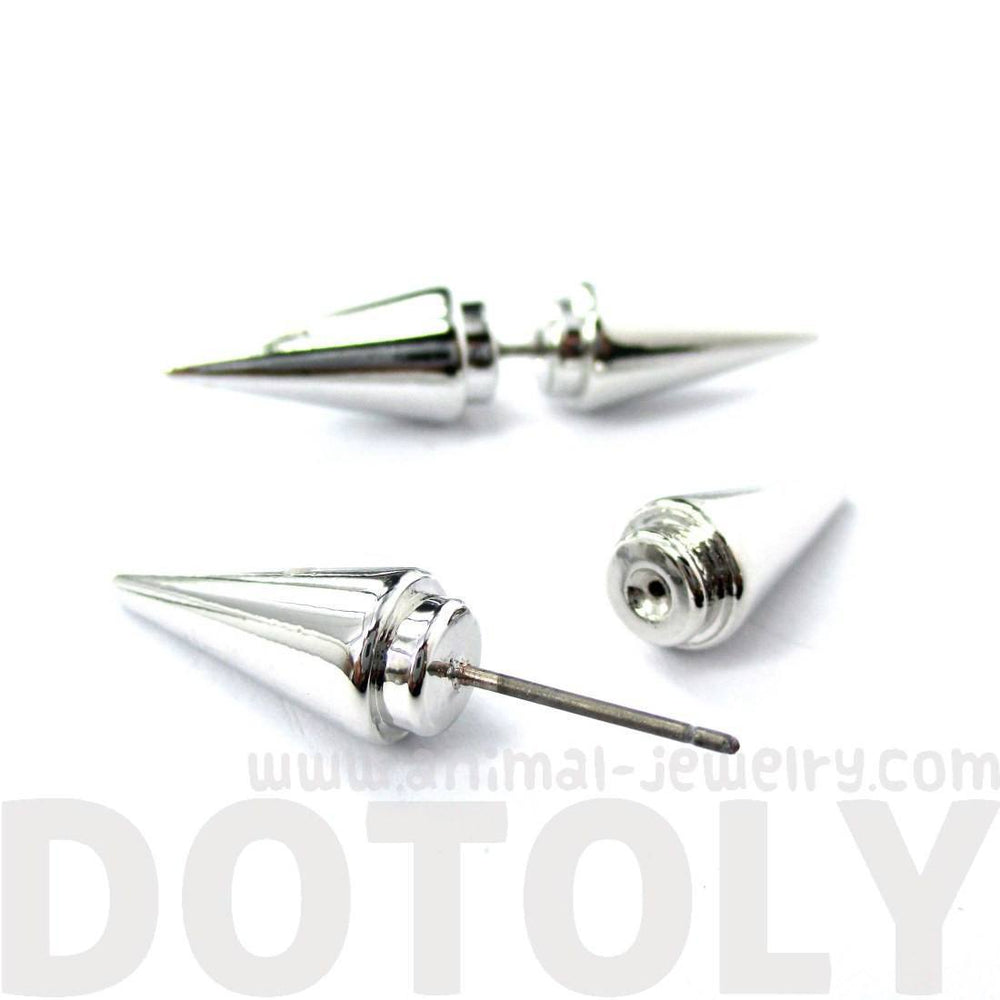 Unisex Geometric Spike Shaped Front and Back Earrings in Shiny Silver DOTOLY
