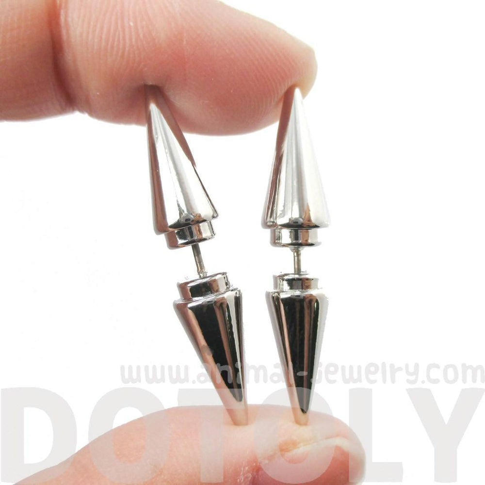 Unisex Geometric Spike Shaped Front and Back Earrings in Shiny Silver