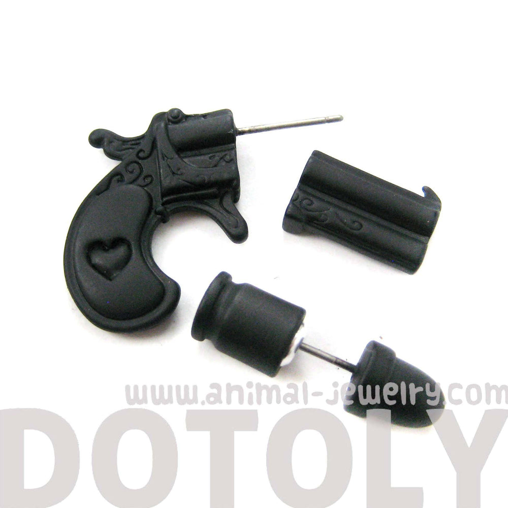Gun Pistol and Bullet Shaped Faux Plug Fake Gauge Earrings in Black