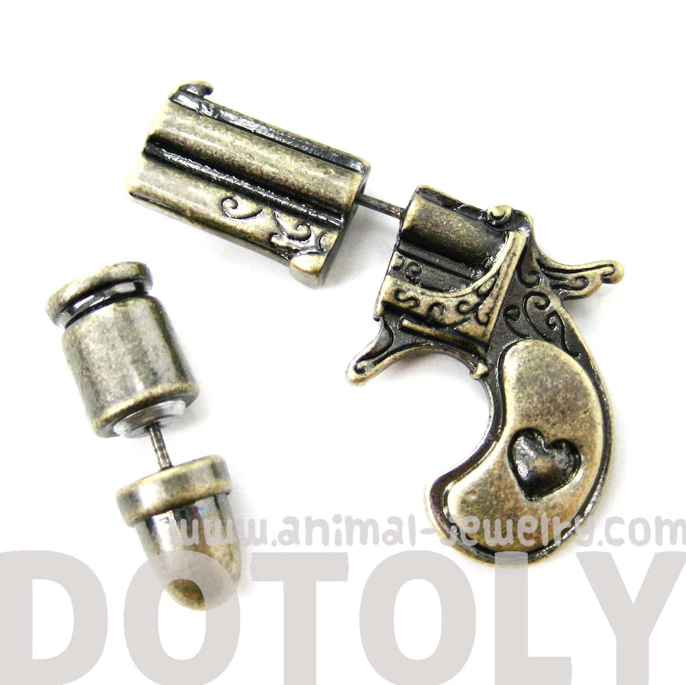 fake-gauge-earrings-gun-pistol-and-bullet-shaped-faux-plug-stud-earrings-in-brass