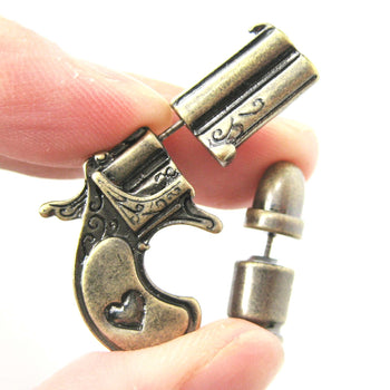 fake-gauge-earrings-gun-pistol-and-bullet-shaped-faux-plug-stud-earrings-in-brass