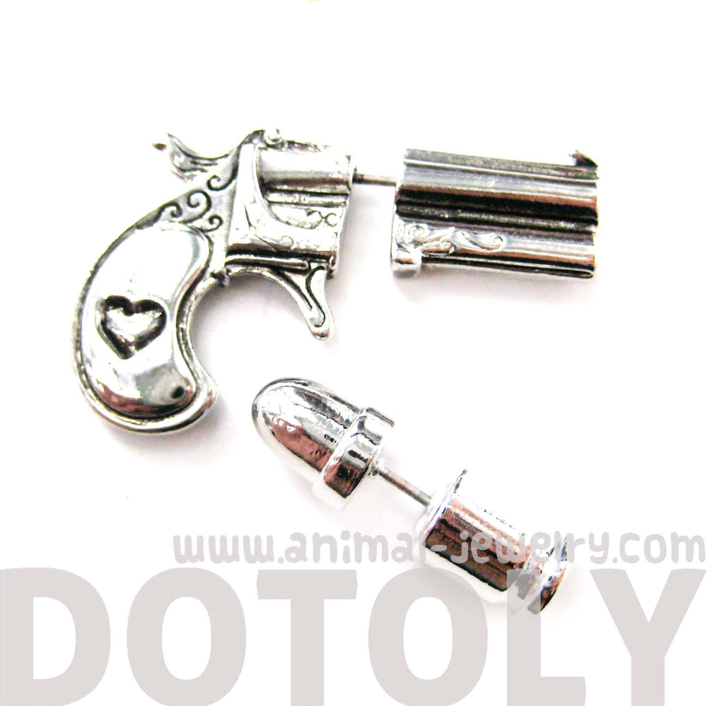 fake-gauge-earrings-gun-pistol-and-bullet-shaped-faux-plug-stud-earrings-in-shiny-silver