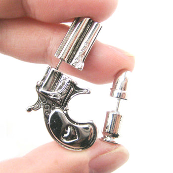 fake-gauge-earrings-gun-pistol-and-bullet-shaped-faux-plug-stud-earrings-in-shiny-silver