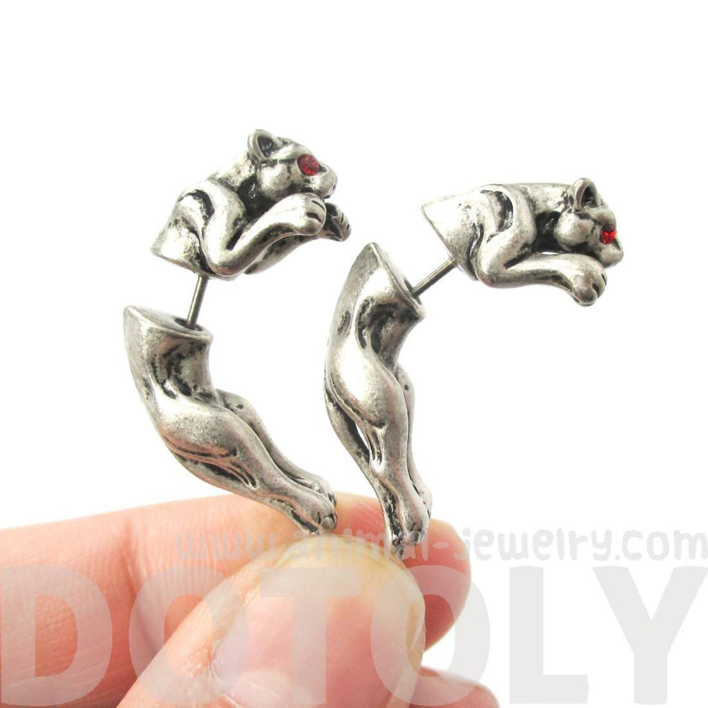 Jaguar Leopard Wild Cat Shaped Front and Back Stud Earrings in Silver