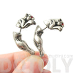 Jaguar Leopard Wild Cat Shaped Front and Back Stud Earrings in Silver