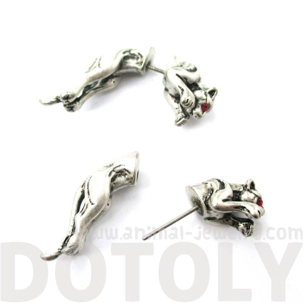 Jaguar Leopard Wild Cat Shaped Front and Back Stud Earrings in Silver