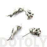 Jaguar Leopard Wild Cat Shaped Front and Back Stud Earrings in Silver