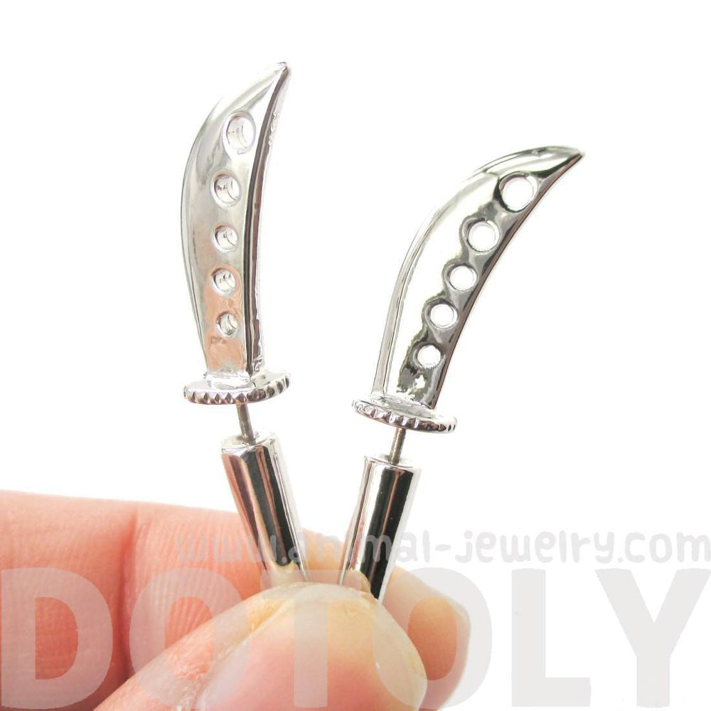 Knife Katana Sword Shaped Two Part Fake Gauge Earrings in Shiny Silver