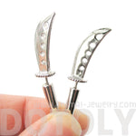 Knife Katana Sword Shaped Two Part Fake Gauge Earrings in Shiny Silver