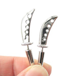 Knife Katana Sword Shaped Two Part Fake Gauge Earrings in Shiny Silver