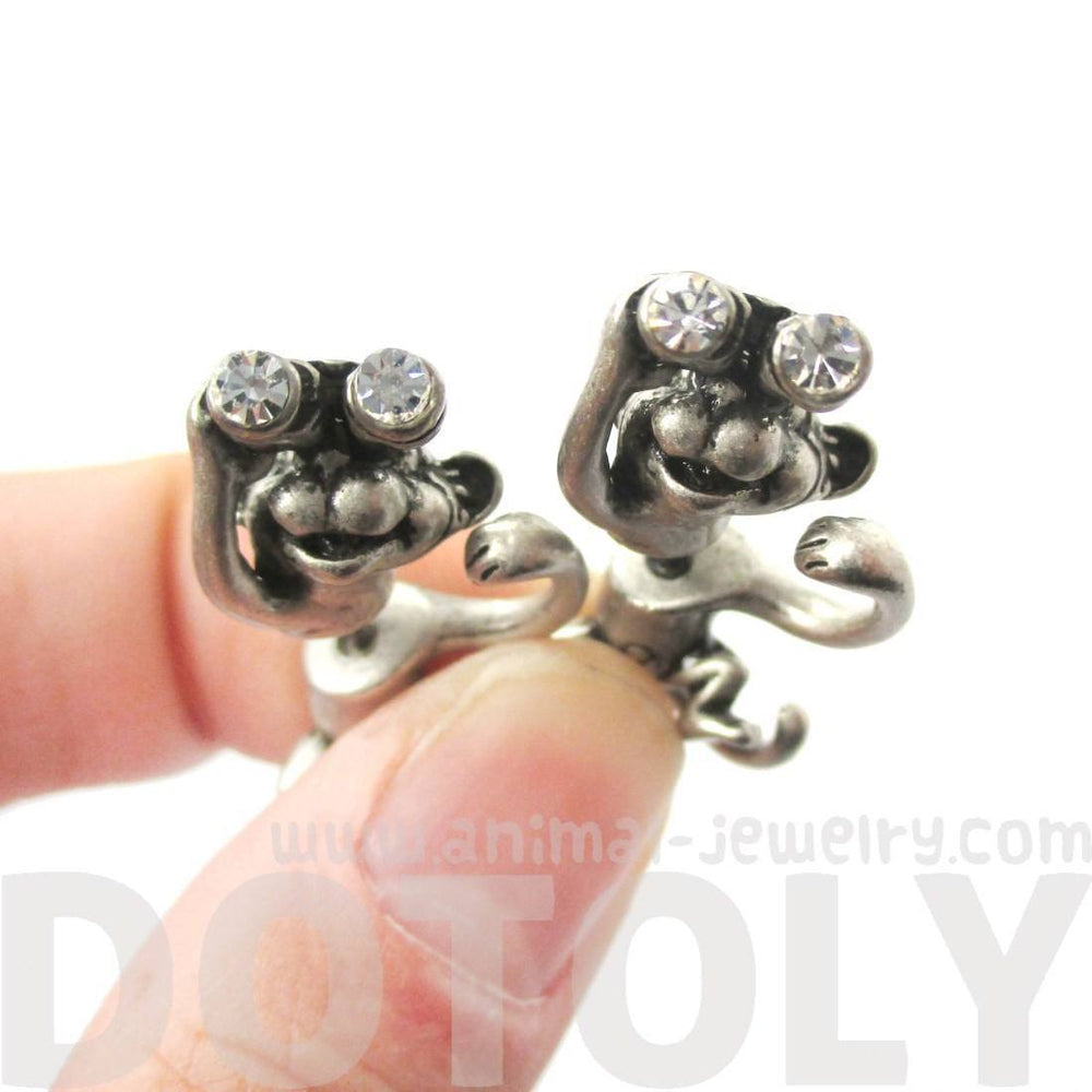 Monkey with Binoculars Shaped Front and Back Stud Earrings in Silver | DOTOLY