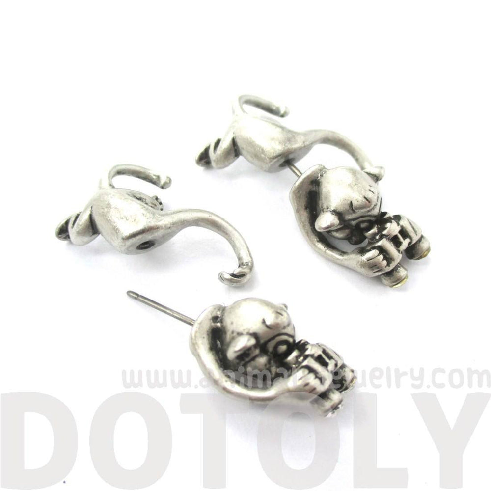 Monkey with Binoculars Shaped Front and Back Stud Earrings in Silver | DOTOLY