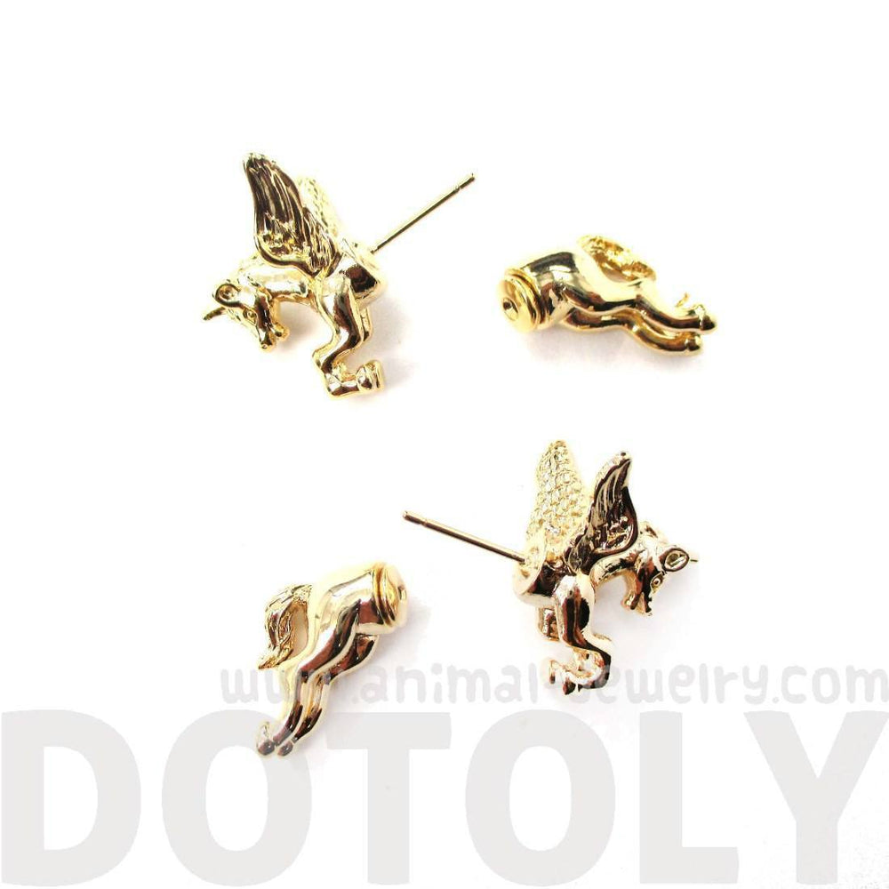 Fake Gauge Earrings: Mythical Unicorn Animal Front and Back Stud Earrings in Shiny Gold | DOTOLY
