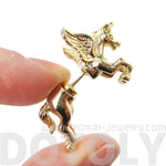 Fake Gauge Earrings: Mythical Unicorn Animal Front and Back Stud Earrings in Shiny Gold | DOTOLY