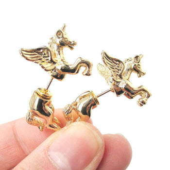 Fake Gauge Earrings: Mythical Unicorn Animal Front and Back Stud Earrings in Shiny Gold | DOTOLY