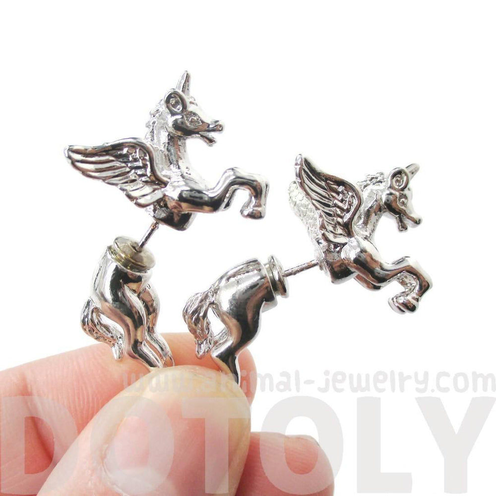 Fake Gauge Earrings: Mythical Unicorn Animal Front and Back Stud Earrings in Shiny Silver | DOTOLY