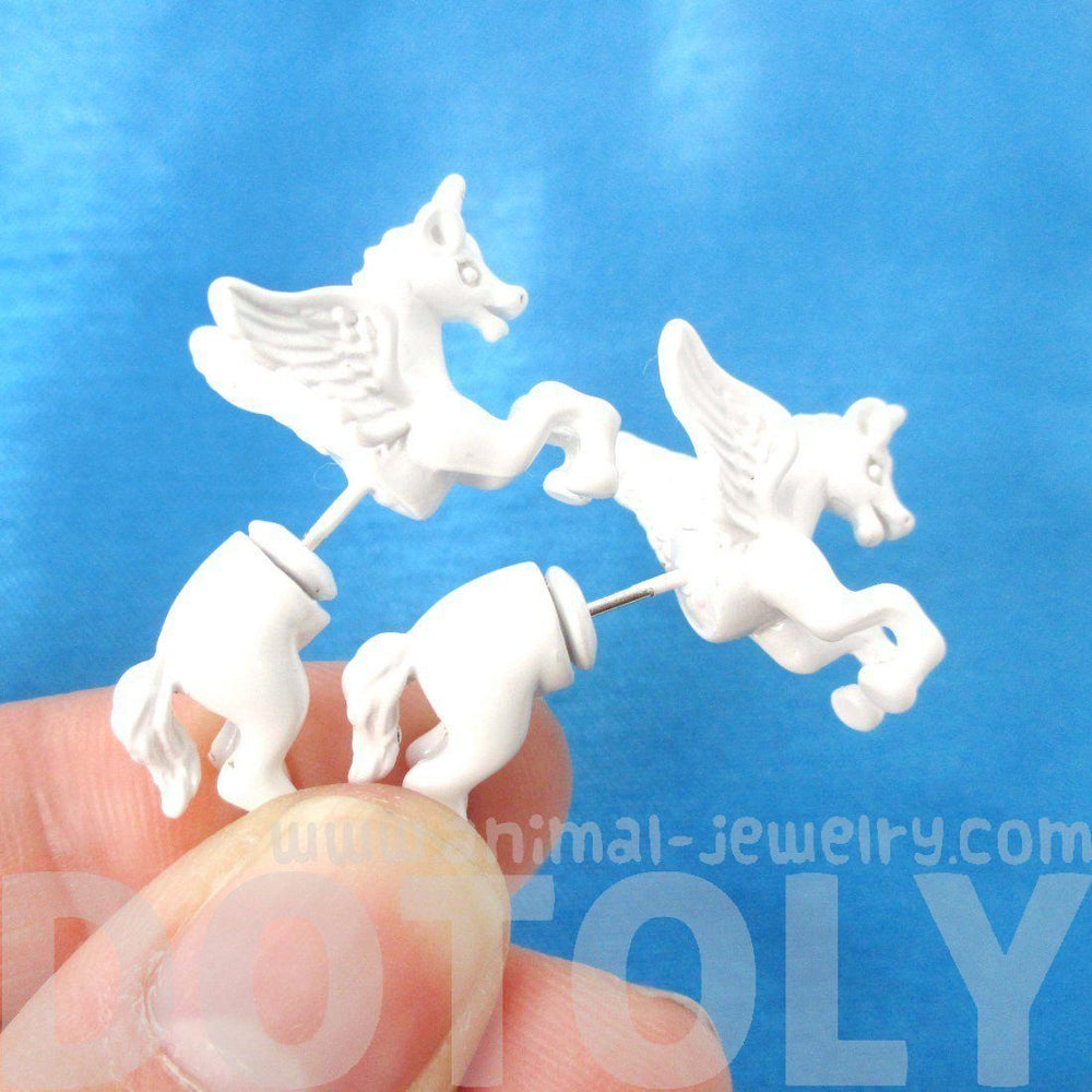 Fake Gauge Earrings: Mythical Unicorn Animal Front and Back Stud Earrings in White | DOTOLY