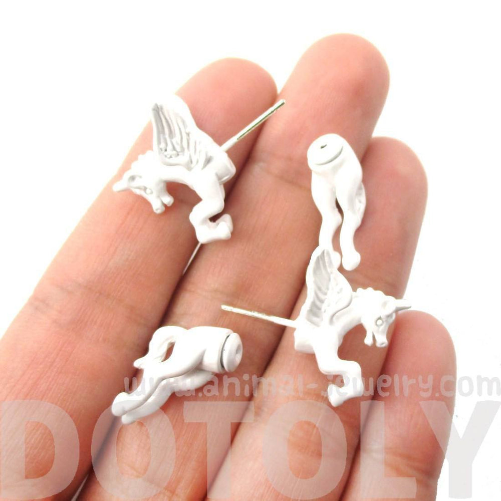 Fake Gauge Earrings: Mythical Unicorn Animal Front and Back Stud Earrings in White | DOTOLY