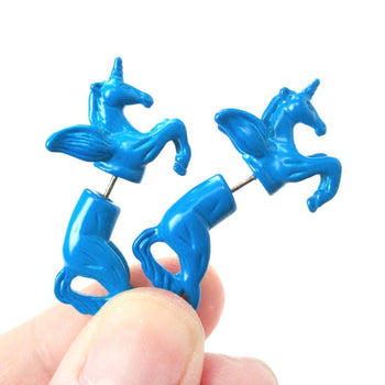 Fake Gauge Earrings: Mythical Unicorn Horse Animal Faux Plug Stud Earrings in Blue | DOTOLY