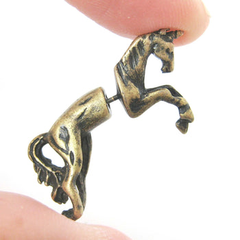 Fake Gauge Earrings: Mythical Unicorn Horse Animal Faux Plug Stud Earrings in Brass | DOTOLY