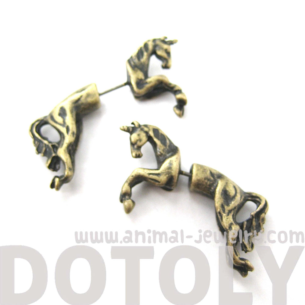 Fake Gauge Earrings: Mythical Unicorn Horse Animal Faux Plug Stud Earrings in Brass | DOTOLY