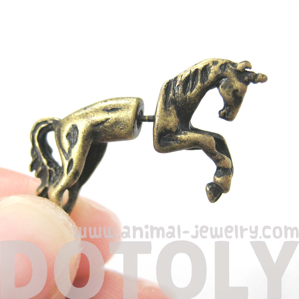 Fake Gauge Earrings: Mythical Unicorn Horse Animal Faux Plug Stud Earrings in Brass | DOTOLY