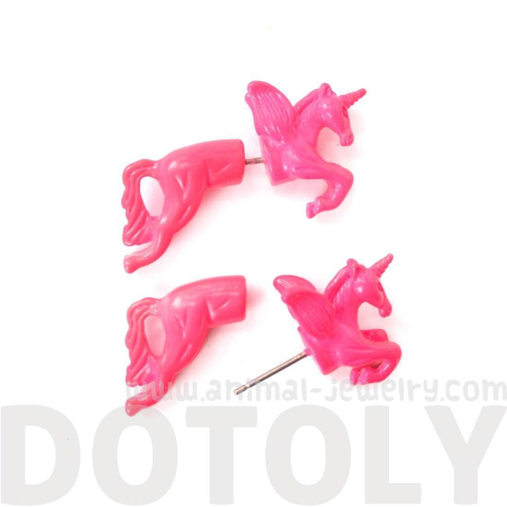 Fake Gauge Earrings: Mythical Unicorn Horse Animal Faux Plug Stud Earrings in Bright Pink | DOTOLY