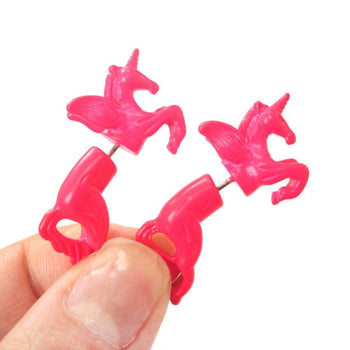 Fake Gauge Earrings: Mythical Unicorn Horse Animal Faux Plug Stud Earrings in Bright Pink | DOTOLY