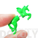 Fake Gauge Earrings: Mythical Unicorn Horse Animal Faux Plug Stud Earrings in Green | DOTOLY