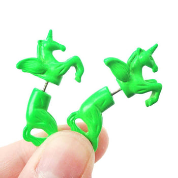 Fake Gauge Earrings: Mythical Unicorn Horse Animal Faux Plug Stud Earrings in Green | DOTOLY