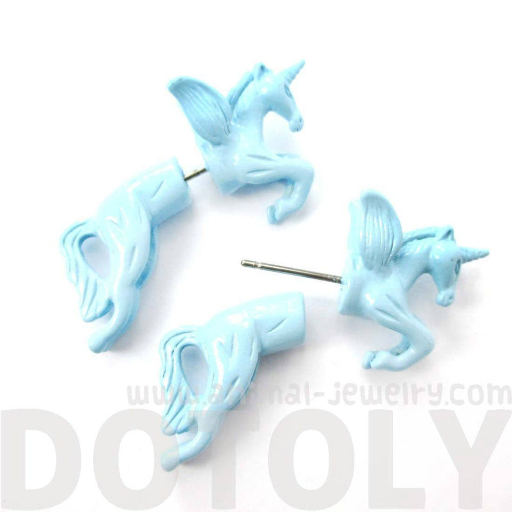 Fake Gauge Earrings: Mythical Unicorn Horse Animal Faux Plug Stud Earrings in Light Blue | DOTOLY