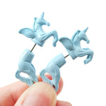 Fake Gauge Earrings: Mythical Unicorn Horse Animal Faux Plug Stud Earrings in Light Blue | DOTOLY