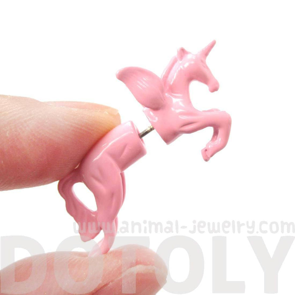 Fake Gauge Earrings: Mythical Unicorn Horse Animal Faux Plug Stud Earrings in Light Pink | DOTOLY