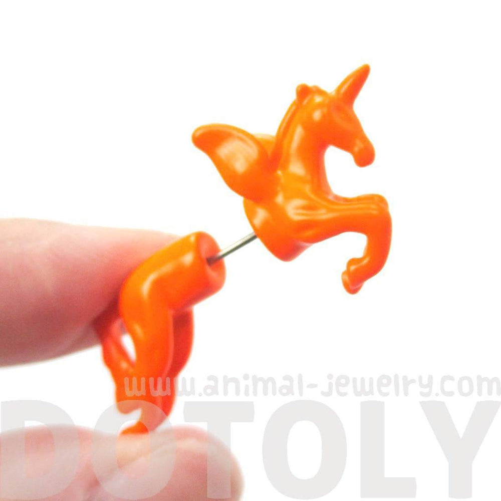 Fake Gauge Earrings: Mythical Unicorn Horse Animal Faux Plug Stud Earrings in Orange | DOTOLY