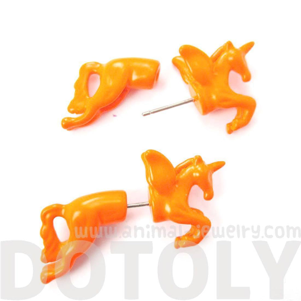 Fake Gauge Earrings: Mythical Unicorn Horse Animal Faux Plug Stud Earrings in Orange | DOTOLY