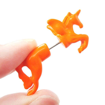 Fake Gauge Earrings: Mythical Unicorn Horse Animal Faux Plug Stud Earrings in Orange | DOTOLY