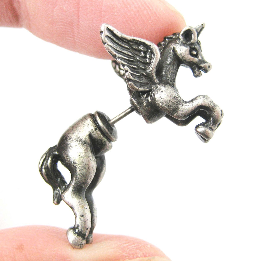 Fake Gauge Earrings: Mythical Unicorn Horse Animal Faux Plug Stud Earrings in Silver | DOTOLY